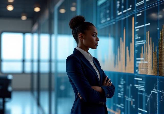 Professional educator explaining financial strategy on a digital screen